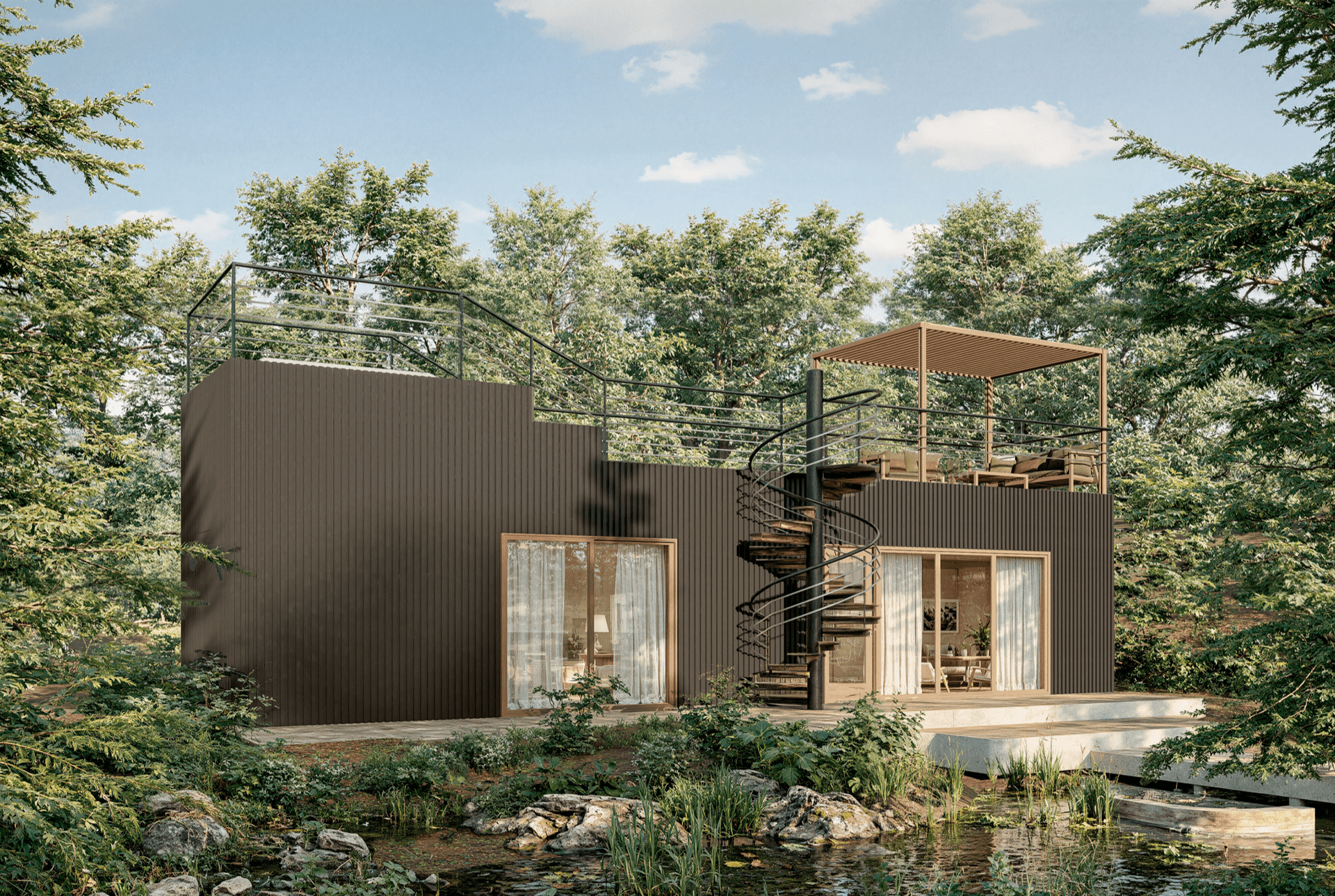 Render Quadra CASA, exterior nocturno con montaña